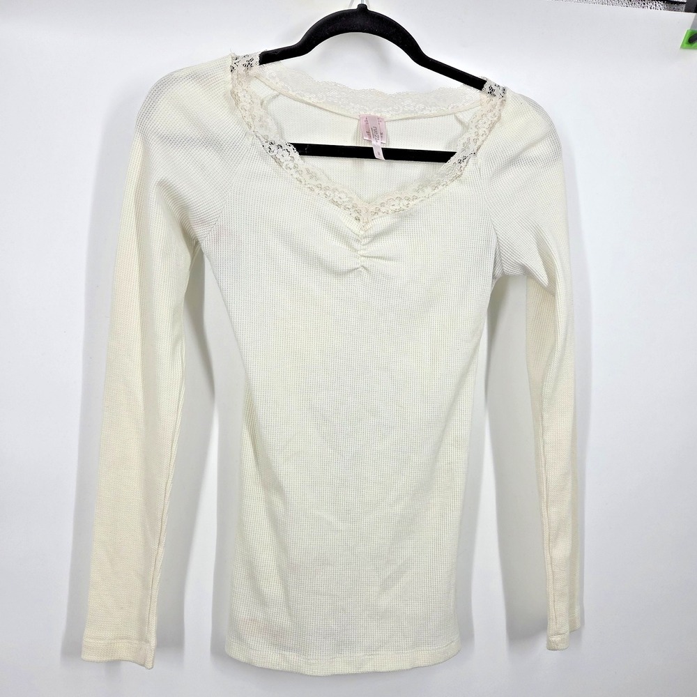 VTG Y2K Rue 21 Thermal Top Lace Trim White Long Sleeve Ribbed Fitted M Bella